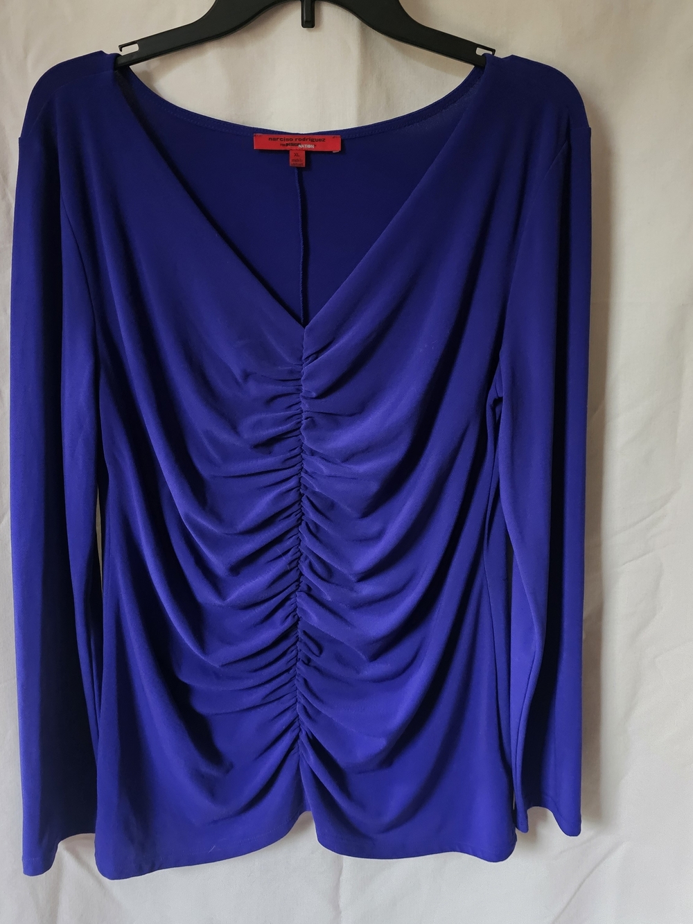 Narciso Rodriguez Royal Blue Ruched V-Neck Long Sleeve Top